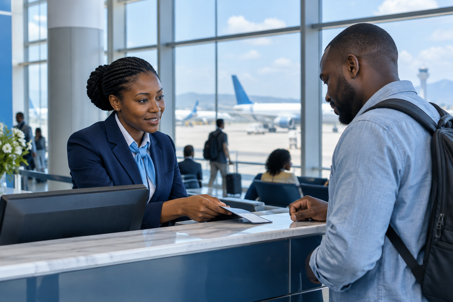 An airport agent helping a passenger — AI-generated editorial image